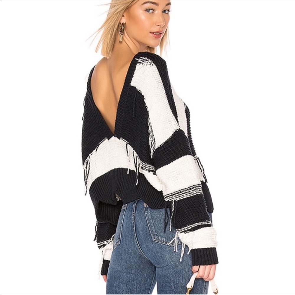 🔥WILDFOX🔥COUTURE ZAFIRIS BLACK & WHITE STRIPE V-NECK SWEATER LARGE NWT - Picture 1 of 7